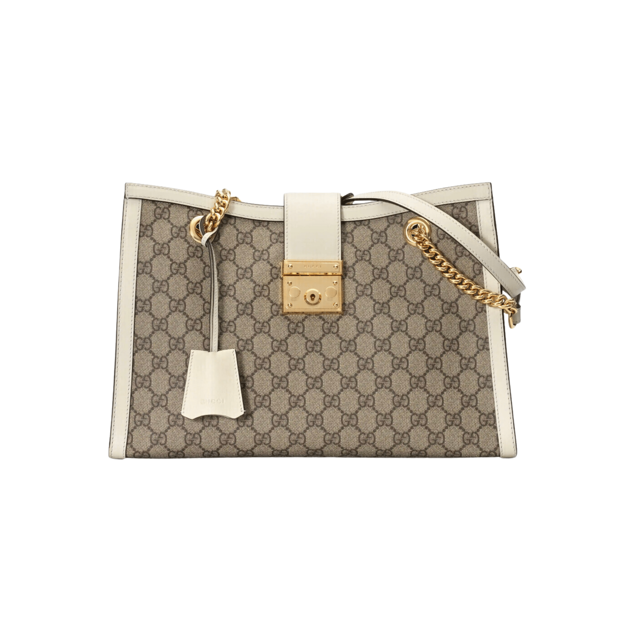 BORSA A SPALLA PADLOCK MEDIA IN TESSUTO LOGO GG SUPREME COLORE EBANO/BEIGE/BIANCO