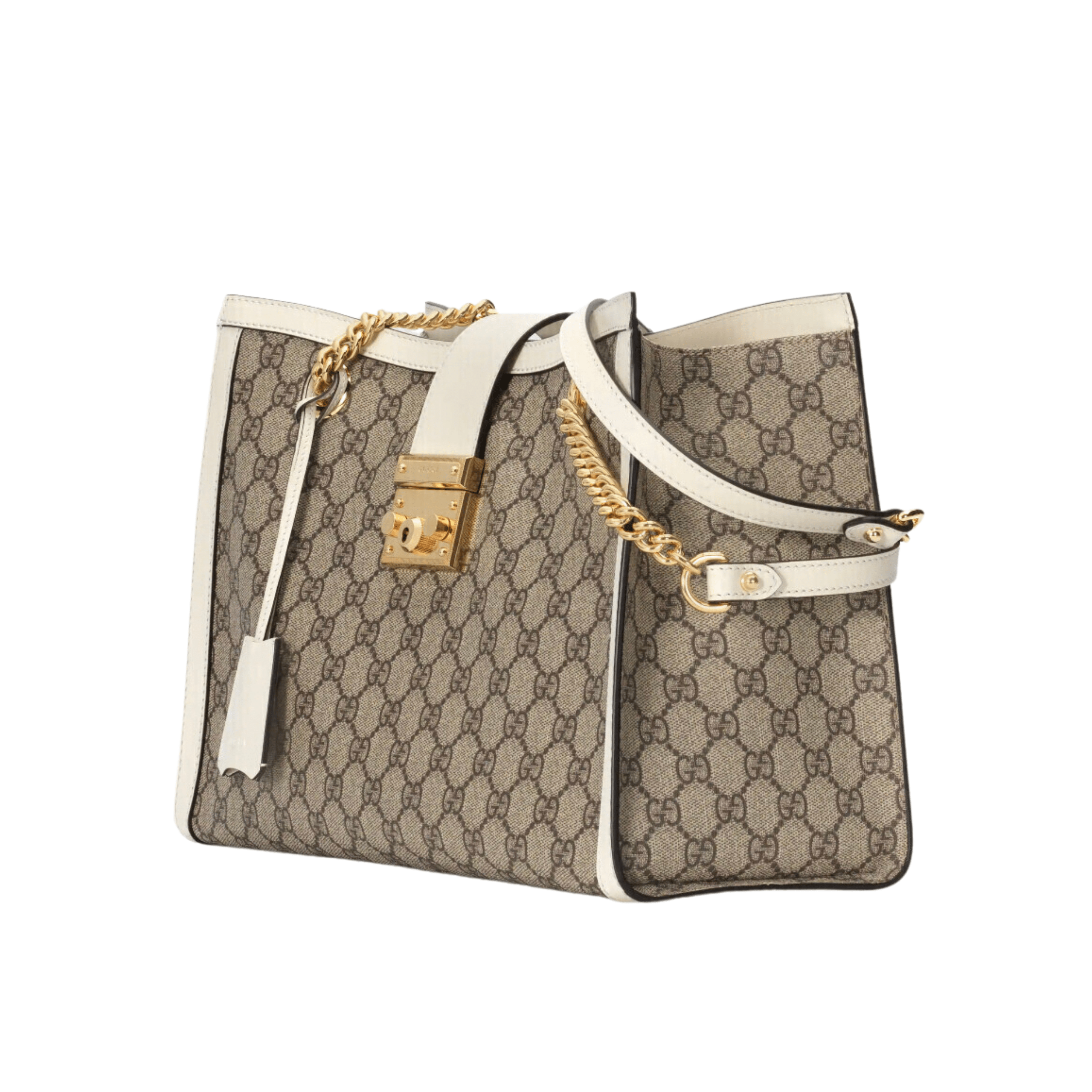 BORSA A SPALLA PADLOCK MEDIA IN TESSUTO LOGO GG SUPREME COLORE EBANO/BEIGE/BIANCO