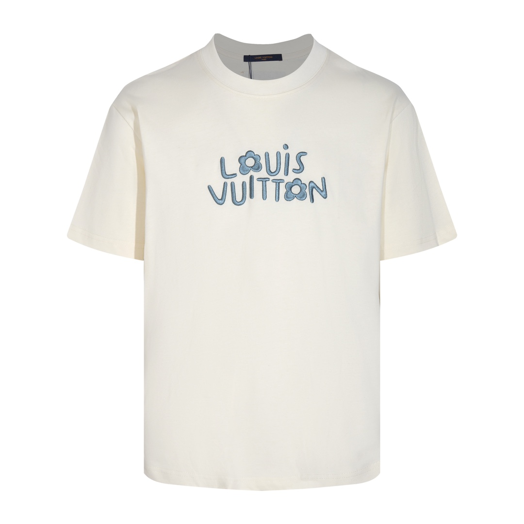 LV White T-shirt Blue Floral Logo